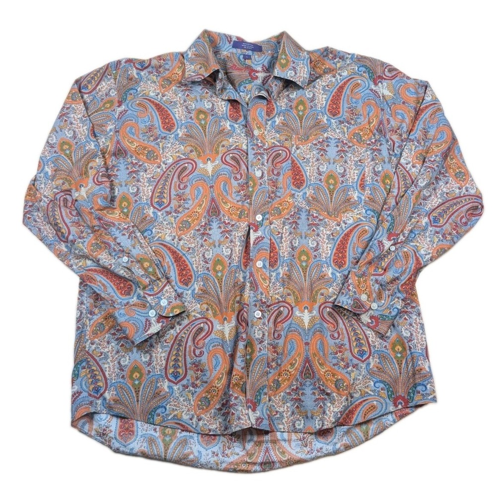 Alan Flusser Paisley Dress Shirt Mens L Multicolor Cotton Long Sleeve Button Up